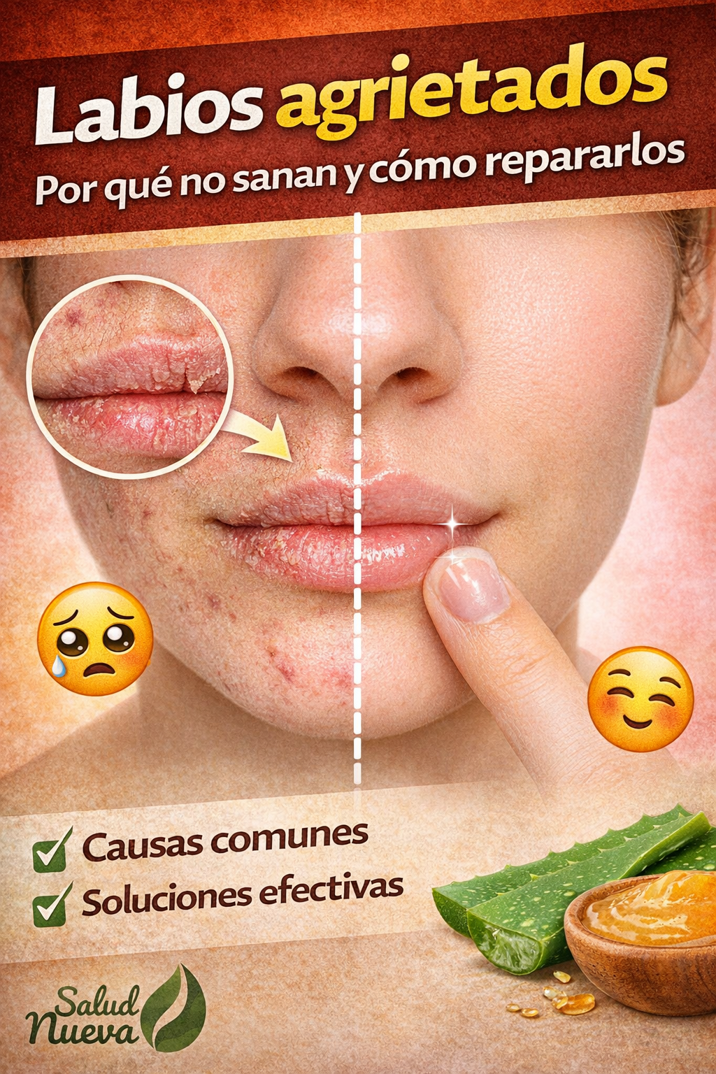 Primer plano de labios agrietados comparados con labios hidratados en un diseño tipo antes y después, con texto en español sobre cómo repararlos y mejorar su apariencia, en estilo visual llamativo