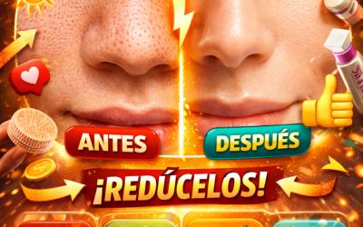 Imagen tipo antes y después de poros abiertos en la nariz, mostrando piel con poros visibles y luego más lisa, acompañada de texto en español sobre cómo reducirlos con limpieza, exfoliación y protector solar, en diseño llamativo estilo Pinterest.