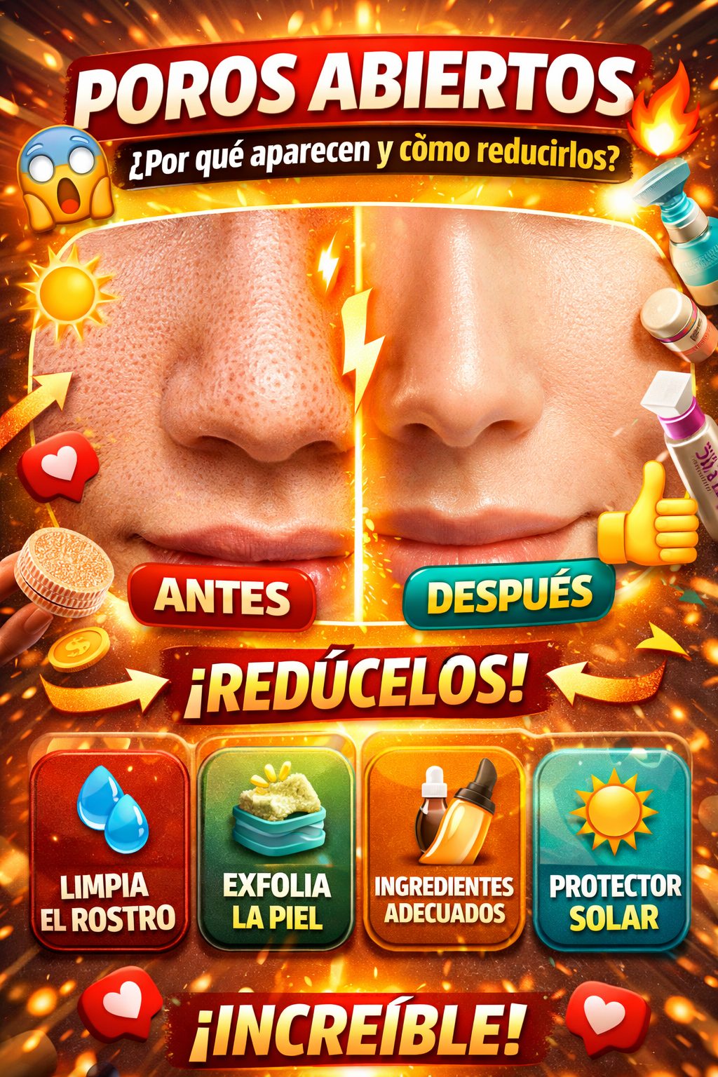 Imagen tipo antes y después de poros abiertos en la nariz, mostrando piel con poros visibles y luego más lisa, acompañada de texto en español sobre cómo reducirlos con limpieza, exfoliación y protector solar, en diseño llamativo estilo Pinterest.